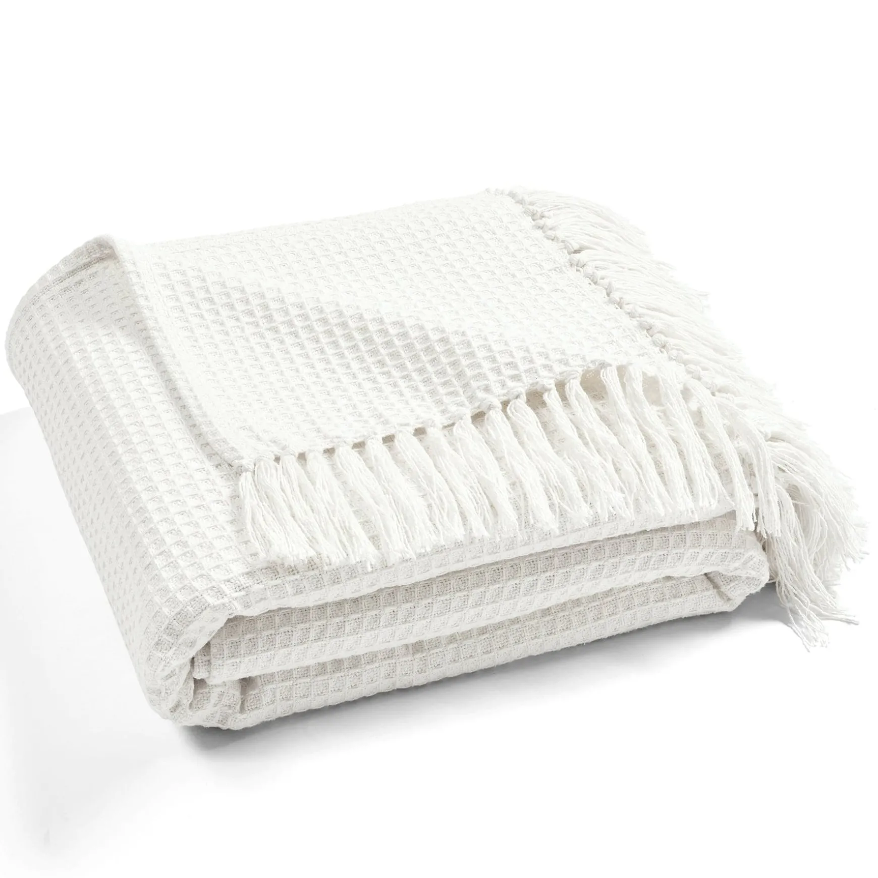 Waffle Cotton Knit Tassel Fringe Blanket/Coverlet
